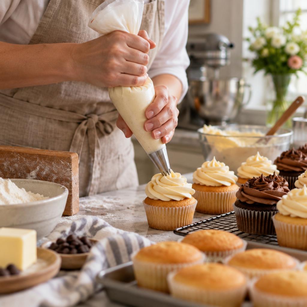 Baker piping buttercream onto fresh cupcakes