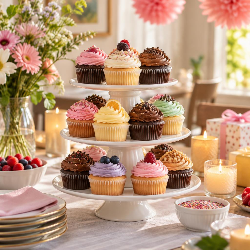 Tiered cupcake display prepared for a birthday celebration