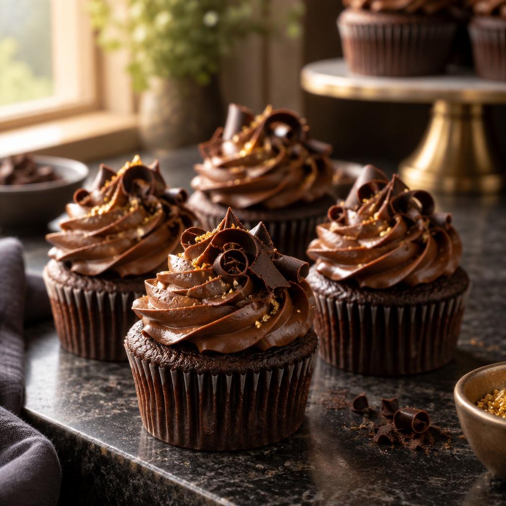 Chocolate cupcakes with chocolate curls