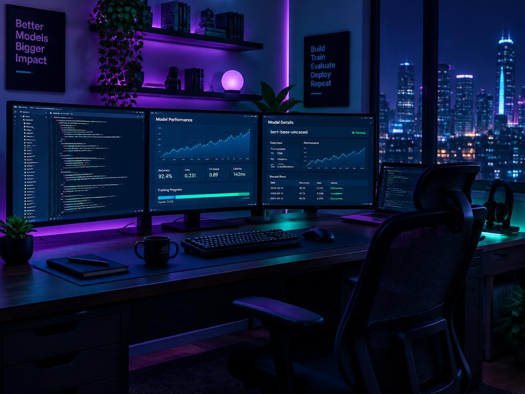 AI developer workspace with model dashboards at night
