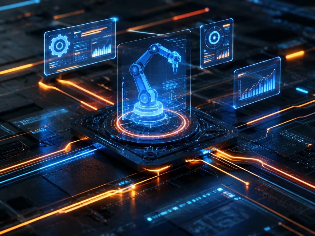 Holographic automation dashboards over glowing circuitry