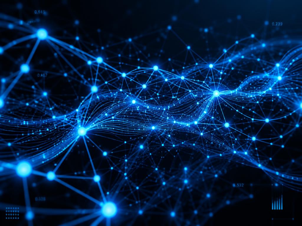 Glowing neural network of connected data nodes