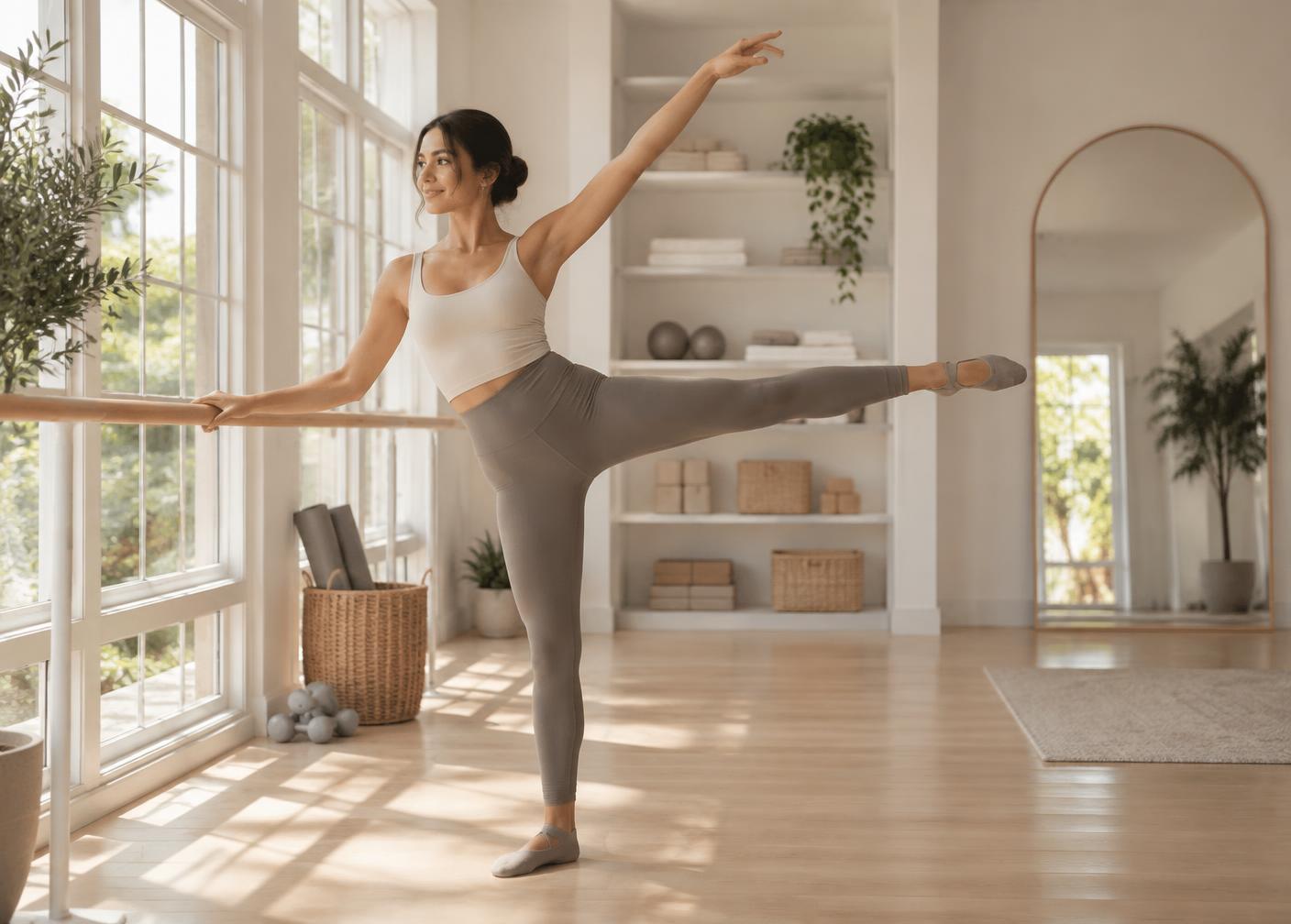 Iris demonstrating a standing barre sequence in a bright home studio