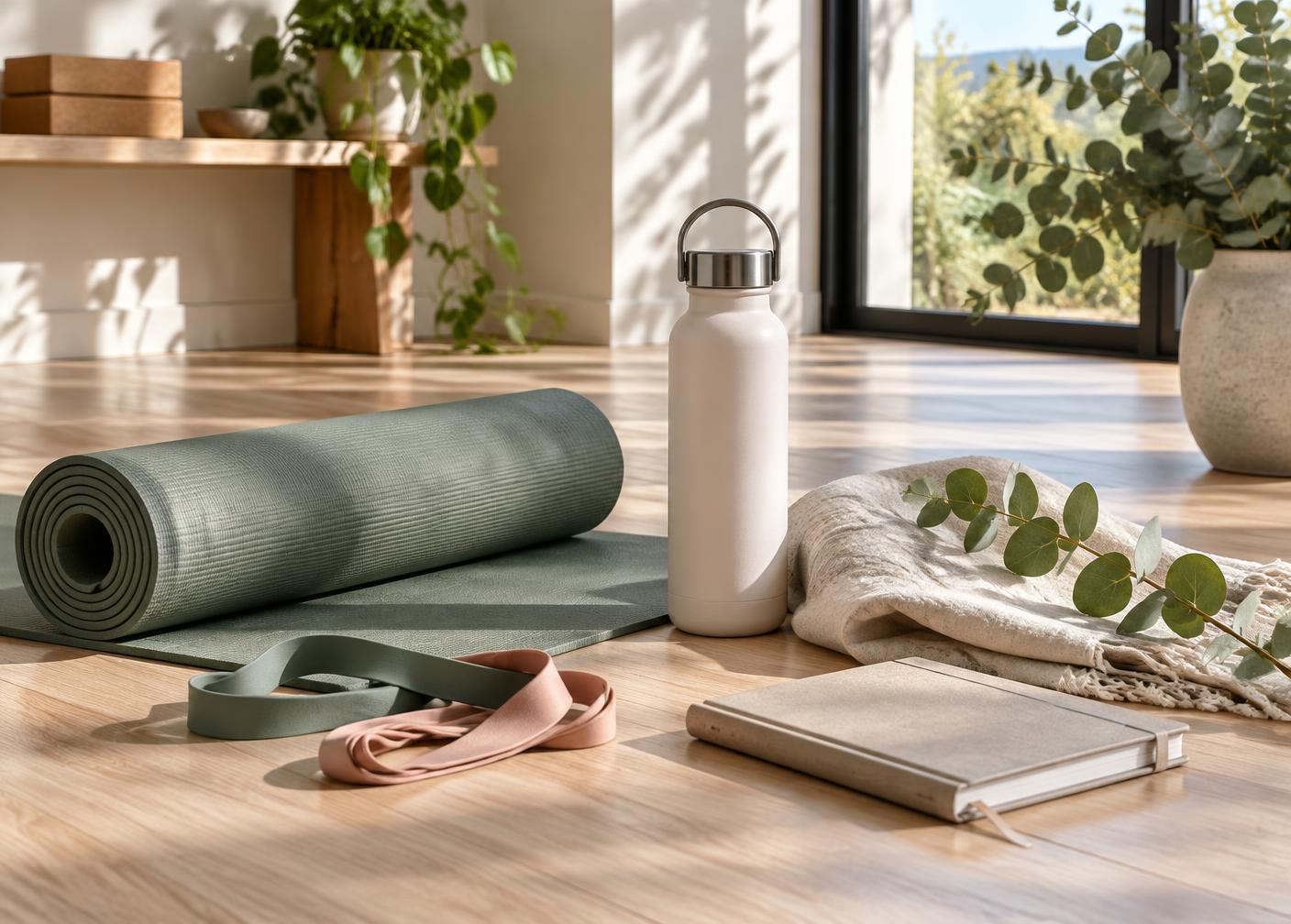 A calm mindful movement setup with mat, bands, water and journal