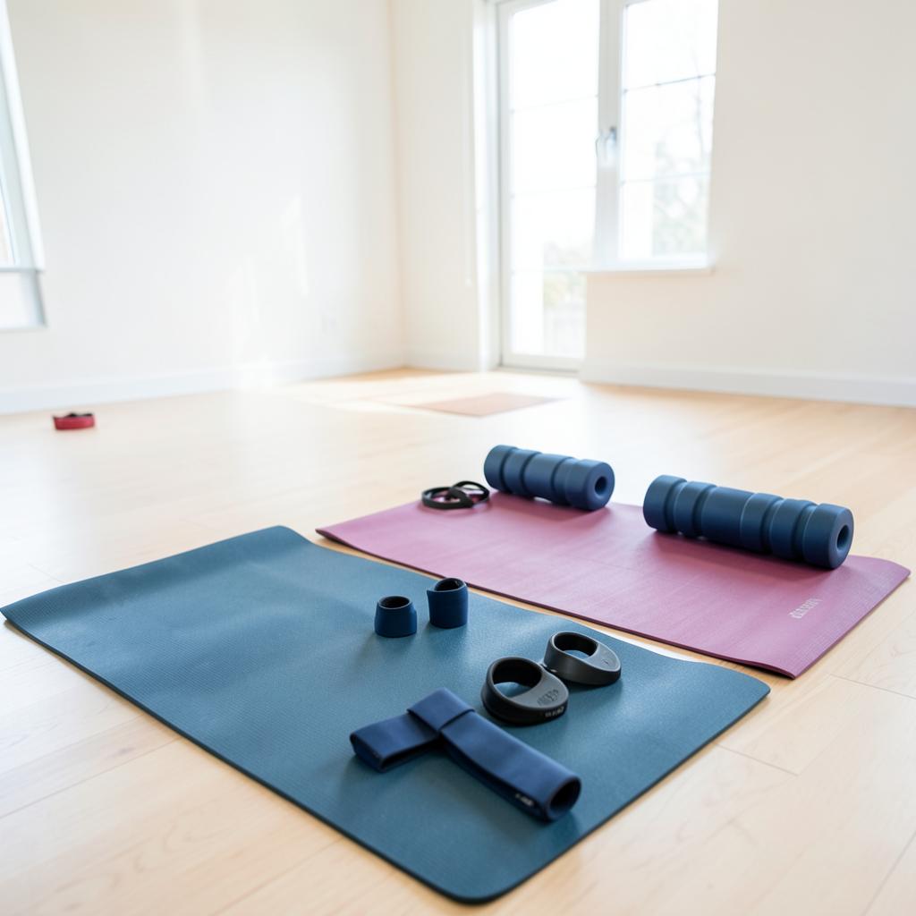 Mats, bands and rollers set up for mobility work