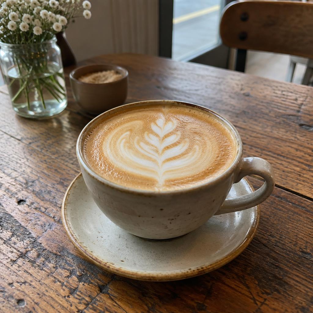 Latte with rosetta art on a wooden table