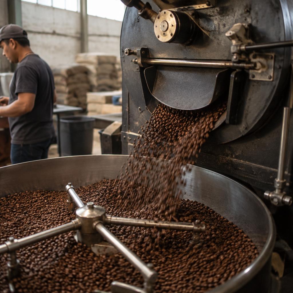 Small-batch roaster dropping fresh beans