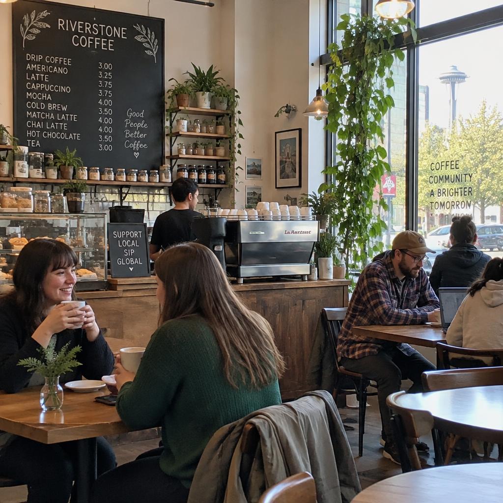 Busy neighborhood coffee shop interior
