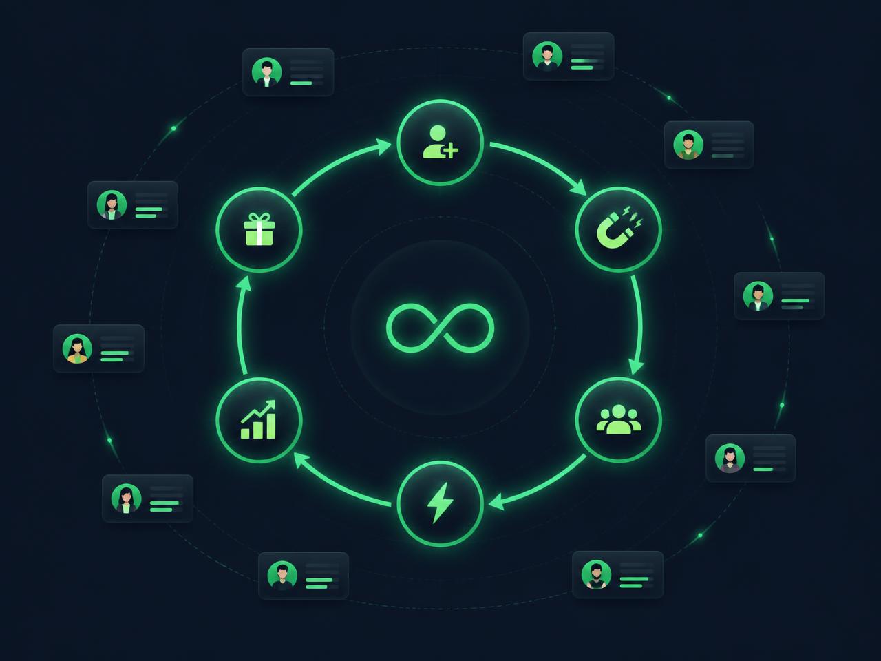 Diagram of the amkep viral growth loop connecting creator pages, exposure credits and new audiences